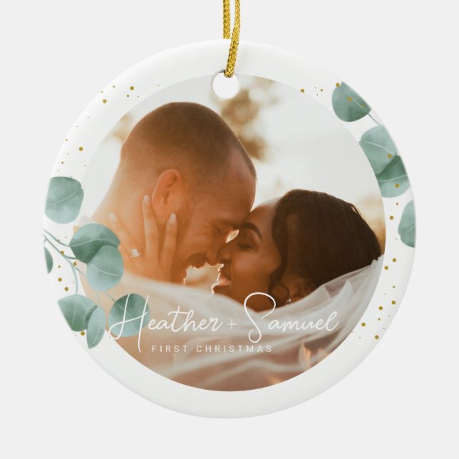Décoration En Céramique Élégante calligraphie | Joyeux et photo mariée (Devant)