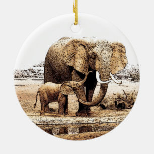 Décoration En Céramique Eléphant & Bébé Eléphant