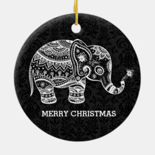 Décoration En Céramique Eléphant Floral Blanc Sur Damas Noirs