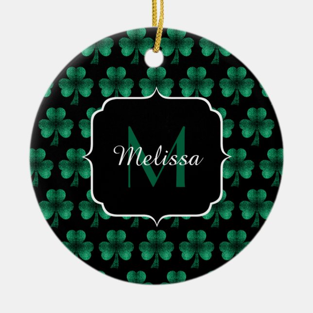 Décoration En Céramique Emerald Green Sparkle Shamrock noir Monogramme (Devant)