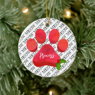 Décoration En Céramique Empreinte de patte rouge de Noël MIAOU Chat NOM Ho