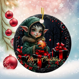 Décoration En Céramique Enfant Elfe mignon en manteau à capuchon vert