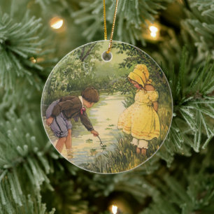 Décoration En Céramique Enfants Vintage, garçon et fille jouant au ruissea