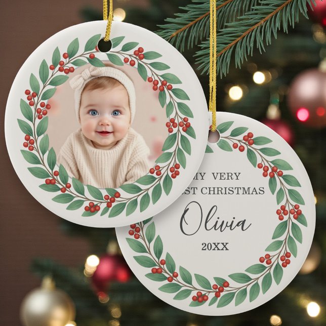 Décoration En Céramique Eucalyptus Greenery Baby First Christmas Photo (Créateur téléchargé)