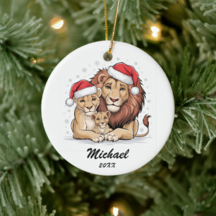 Décoration En Céramique Famille de lions de Noël personnalisée avec chapea