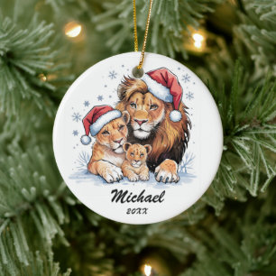Décoration En Céramique Famille de lions de Noël personnalisée avec chapea
