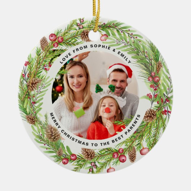Décoration En Céramique Famille feuillage couronne photo Noël élégant (Devant)