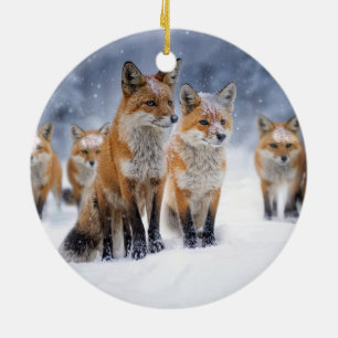 Décoration En Céramique Famille Red Fox dans la neige Noël Fête