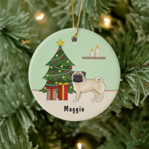 Décoration En Céramique Fawn Pug Chiot de Dessin Animé avec un Sapin de No