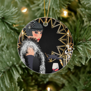 Décoration En Céramique Femme de mode rétro avec un verre de vin 