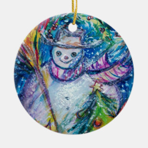 DÉCORATION EN CÉRAMIQUE FEMME DE NEIGE AVEC ARBRE DE NOËL ET JOUETS