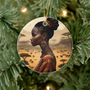 Décoration En Céramique Femme Tribale Qui Regarde Son Paysage Africain,