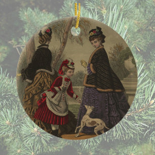 Décoration En Céramique Femme Victorienne Fille & Chien Sur Une Promenade