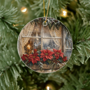 Décoration En Céramique Fenêtre de Noël au Poinsettia enneigé