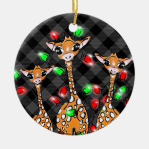 Décoration En Céramique Festive girafes de Noël gris noir lumières plaid