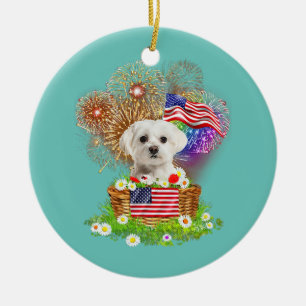Décoration En Céramique Feu d'artifice Chien maltais 4 juillet Drapeau USA