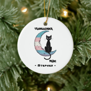 Décoration En Céramique Fierté transgenre - Chat noir sur la lune transsex