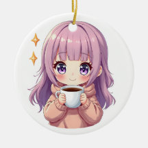 Fille au café Kawaii Cozy – Autocollant esthétique