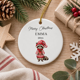 Décoration En Céramique Fille au Raton Laveur de Noël Aquarelle Nom