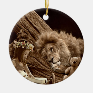 Décoration En Céramique Fille avec Lion et ours en peluche