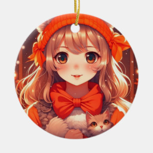 Décoration En Céramique Fille d'anime avec Noël de chaton orange