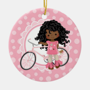 Décoration En Céramique Fille de bicyclette d'Afro-américain - blanc rose
