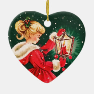 Décoration En Céramique Fille de Noël Vintage Avec Lanterne