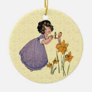 Décoration En Céramique Fille Elf Fairy Daffodil Antique Pâques