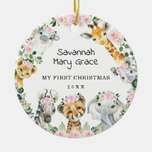 Décoration En Céramique Fille Safari Animaux Rose Floral Baby 1er Noël