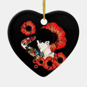 Décoration En Céramique Fille tatouée au milieu des fleurs de pavot Art pa