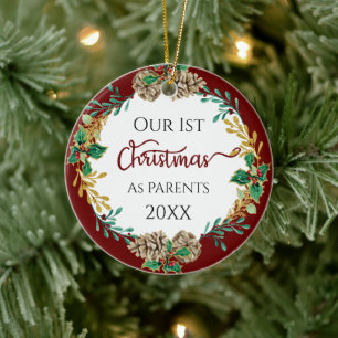 Décoration En Céramique First Christmas Parents Holly Pine Cone Leaf Photo