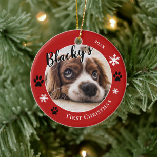 Décoration En Céramique First Puppy Christmas Rustic Chien Nom Photo Rouge