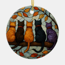 Five Cats on a Tree Branch Stained Glass Style