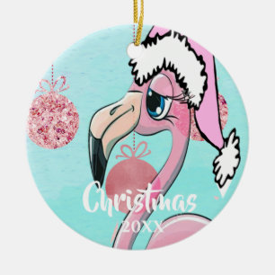Décoration En Céramique Flamant rose de Noël Santa Hat Bleu rose Fille mig