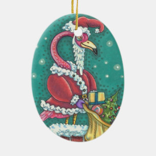 DÉCORATION EN CÉRAMIQUE FLAMANT ROSE ROSE CHAUD PÈRE NOËL, NOËL ORNAMENT O