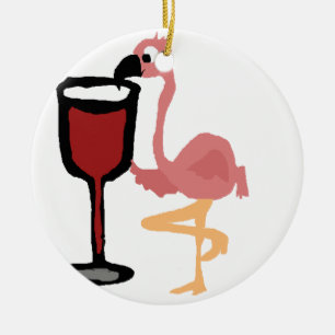 Décoration En Céramique Flamant rose rose drôle buvant du vin rouge