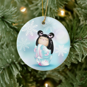 Décoration En Céramique Flammes de neige de la poupée Kokeshi en fleurs de