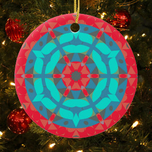 Décoration En Céramique Fleur de Mandala rouge et bleu