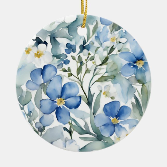 Décoration En Céramique Fleurs Bleues Blancs Aquarelle Chic (Devant)