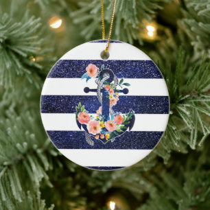 Décoration En Céramique Floral anchor on striped background