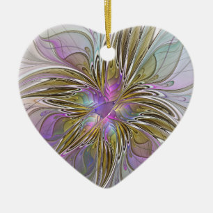 Décoration En Céramique Floral coloré Abstrait Fractal rose & Gold Heart
