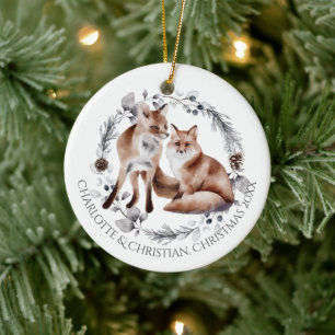 Décoration En Céramique Fox Couple hiver Wreath Noël Personnalisé
