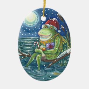 DÉCORATION EN CÉRAMIQUE FROG PÈRE NOËL SUR JOURNAL VACANCES NOËL ORNAMENT 