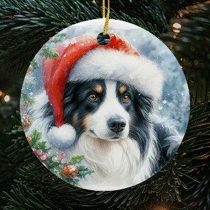 Décoration En Céramique Frontière Tricolore Collie Santa Hat Noël