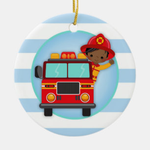 Décoration En Céramique Garçon d'Afro-américain de camion de pompiers de