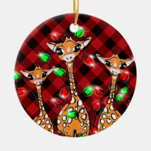 Décoration En Céramique girafes de Noël rouge noir plaid