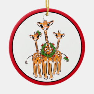 Décoration En Céramique Giraffe de Noël festive, couronne verte rouge