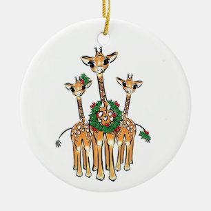 Décoration En Céramique Giraffe de Noël festive, couronne verte rouge