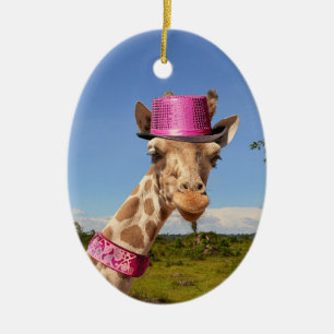 Décoration En Céramique Giraffe en casquette rose étincelant