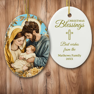 Décoration En Céramique Gold Blue Christian Holy Family Noël